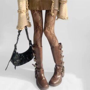 Brown Lace Flower Bottomed Stockings Tights Gothic Mesh Hollowed Pantyhose